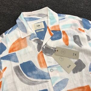 Folk Mens Linen Blend Abstract Print Short Sleeve Camp Collar Shirt Size M NWT